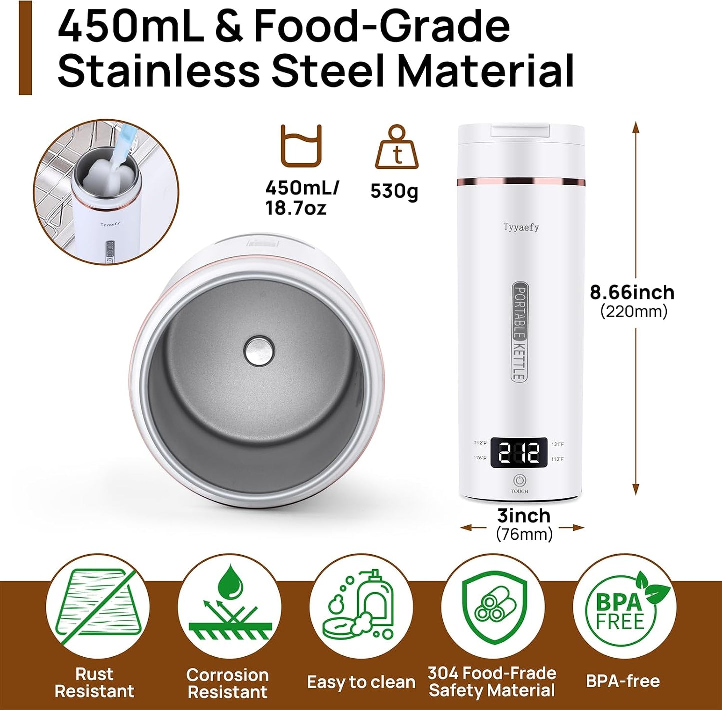Portable Electric Kettle with Drinking Spout, Plug-In with Travel Bag, 450Ml 304 Stainless Steel, 4 Preset Temp, Rapid Boiling – Home/Office/Hotel/Caravan/Dorm/Business Trip