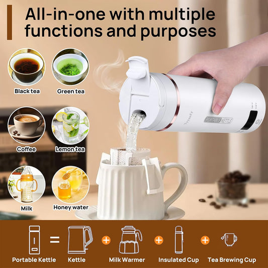 Portable Electric Kettle with Drinking Spout, Plug-In with Travel Bag, 450Ml 304 Stainless Steel, 4 Preset Temp, Rapid Boiling – Home/Office/Hotel/Caravan/Dorm/Business Trip